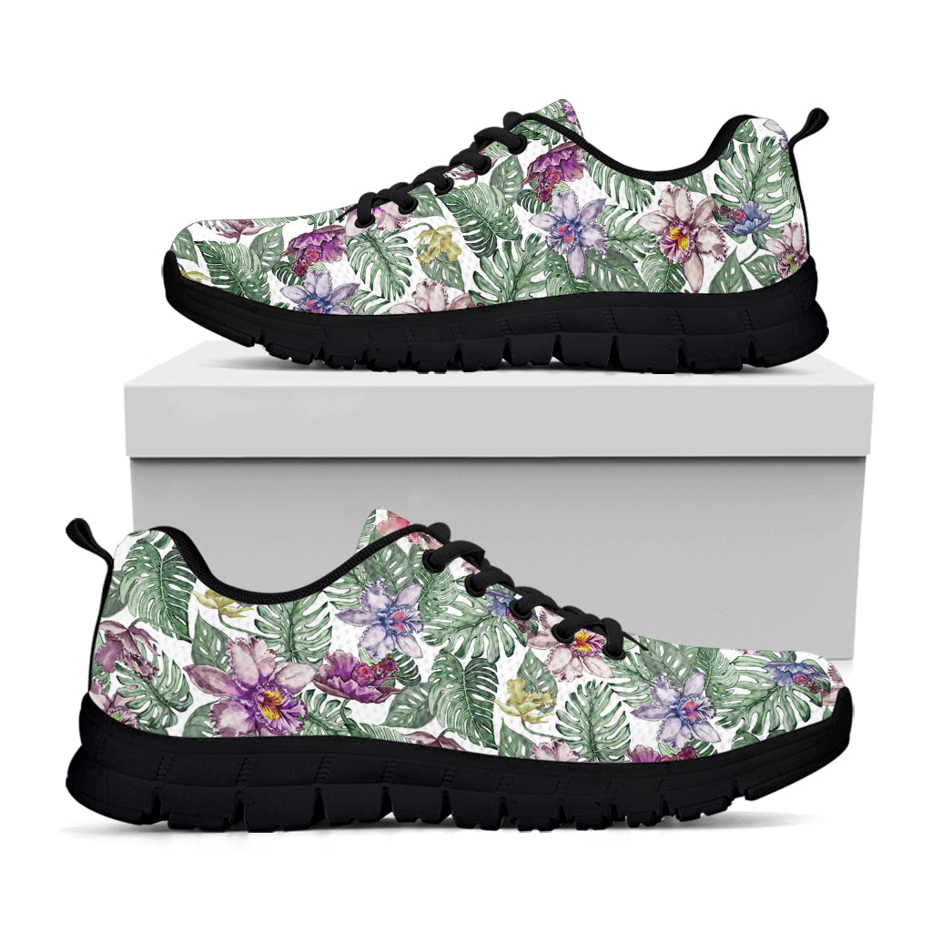 Tropical Cattleya Pattern Print Black Sneakers