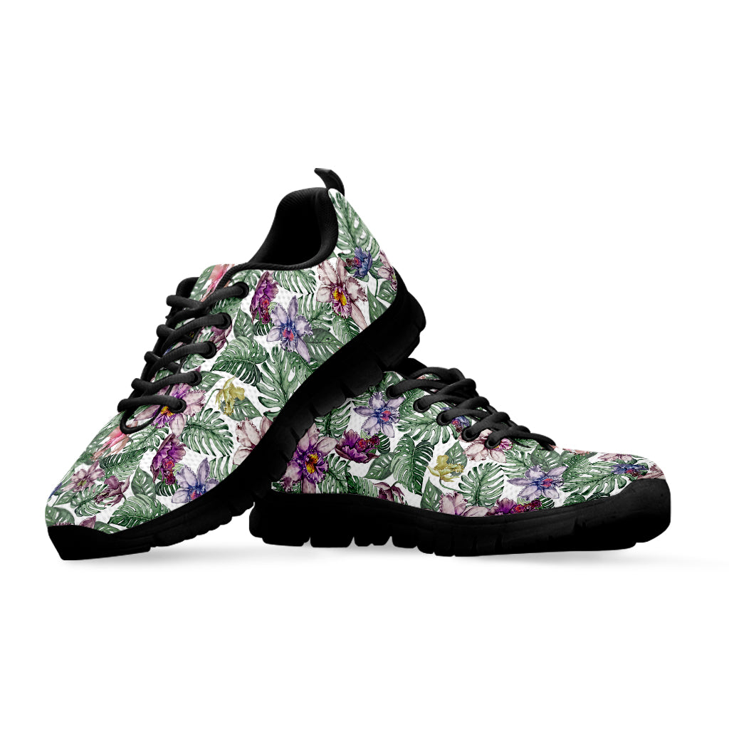 Tropical Cattleya Pattern Print Black Sneakers