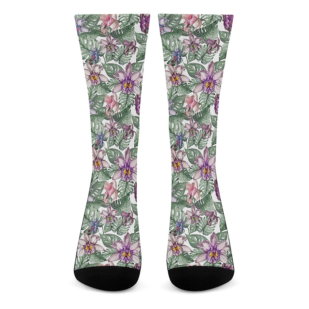 Tropical Cattleya Pattern Print Crew Socks