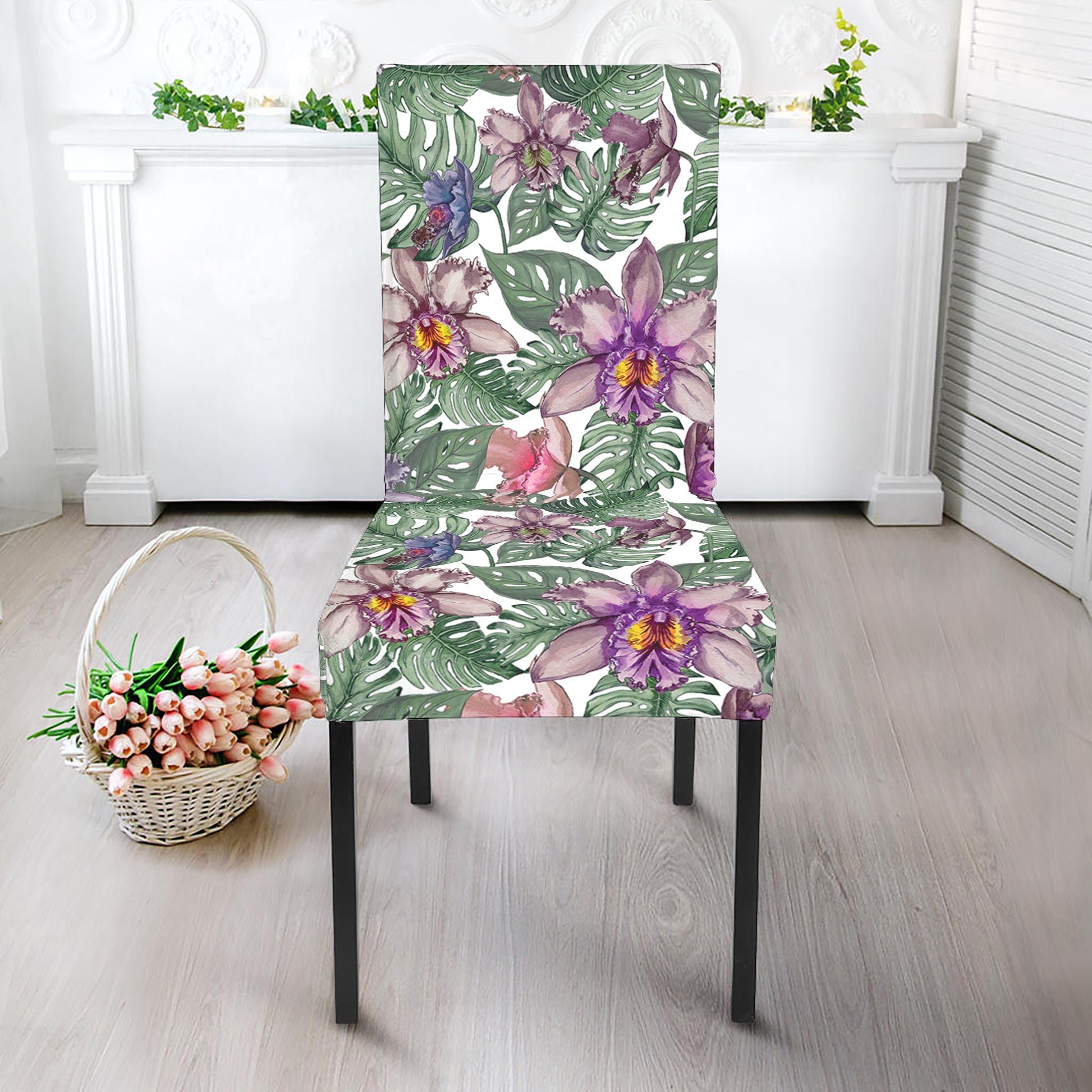 Tropical Cattleya Pattern Print Dining Chair Slipcover