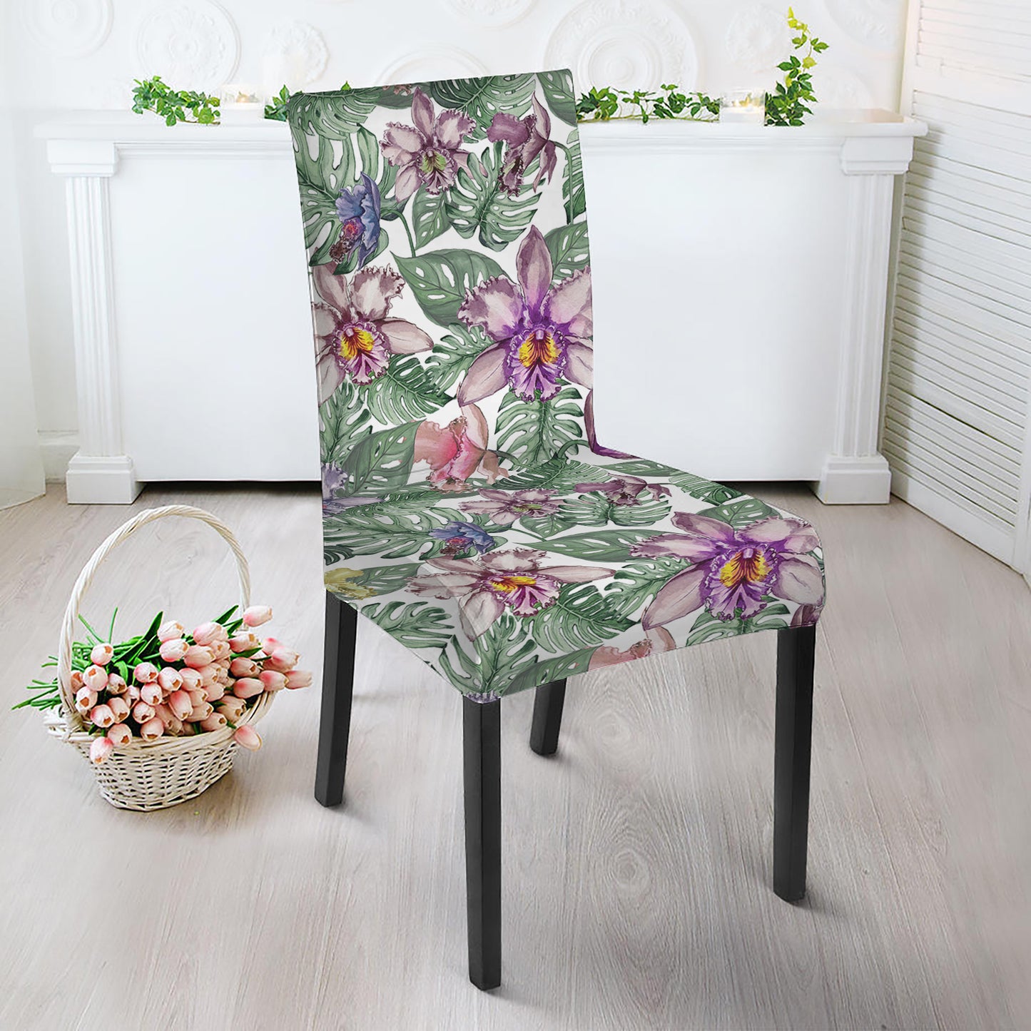 Tropical Cattleya Pattern Print Dining Chair Slipcover