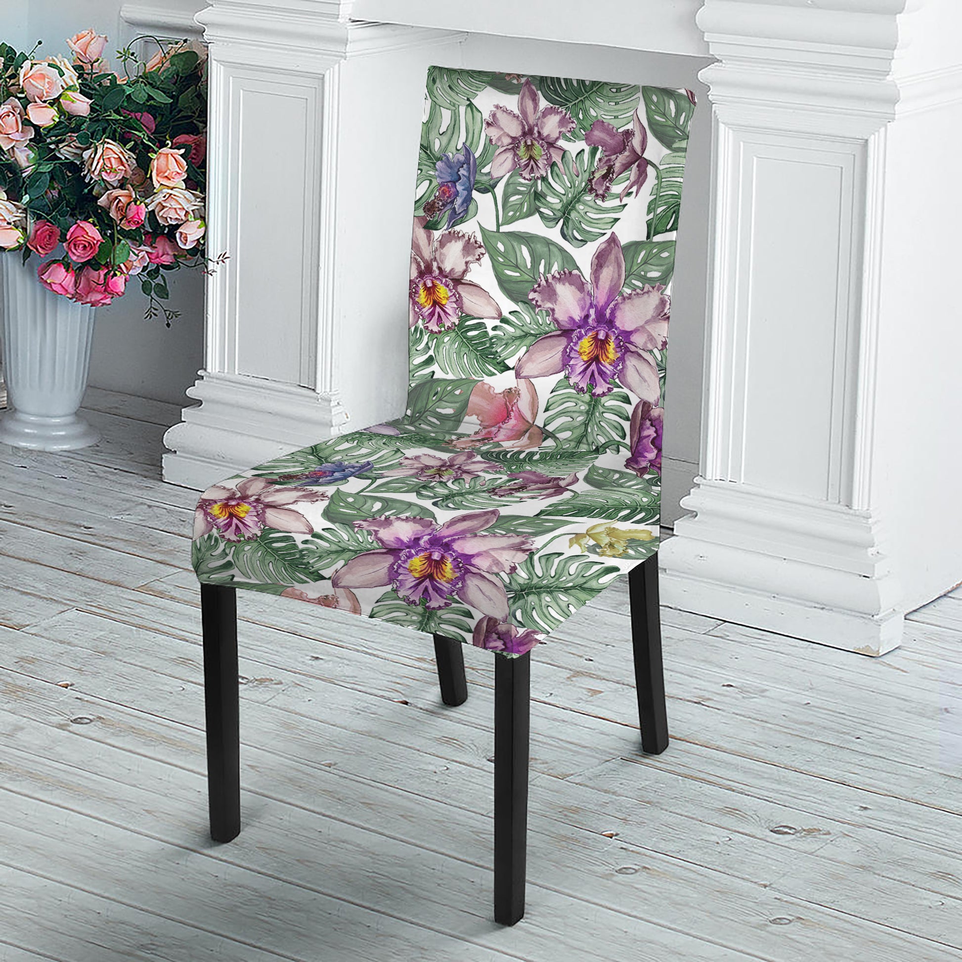 Tropical Cattleya Pattern Print Dining Chair Slipcover