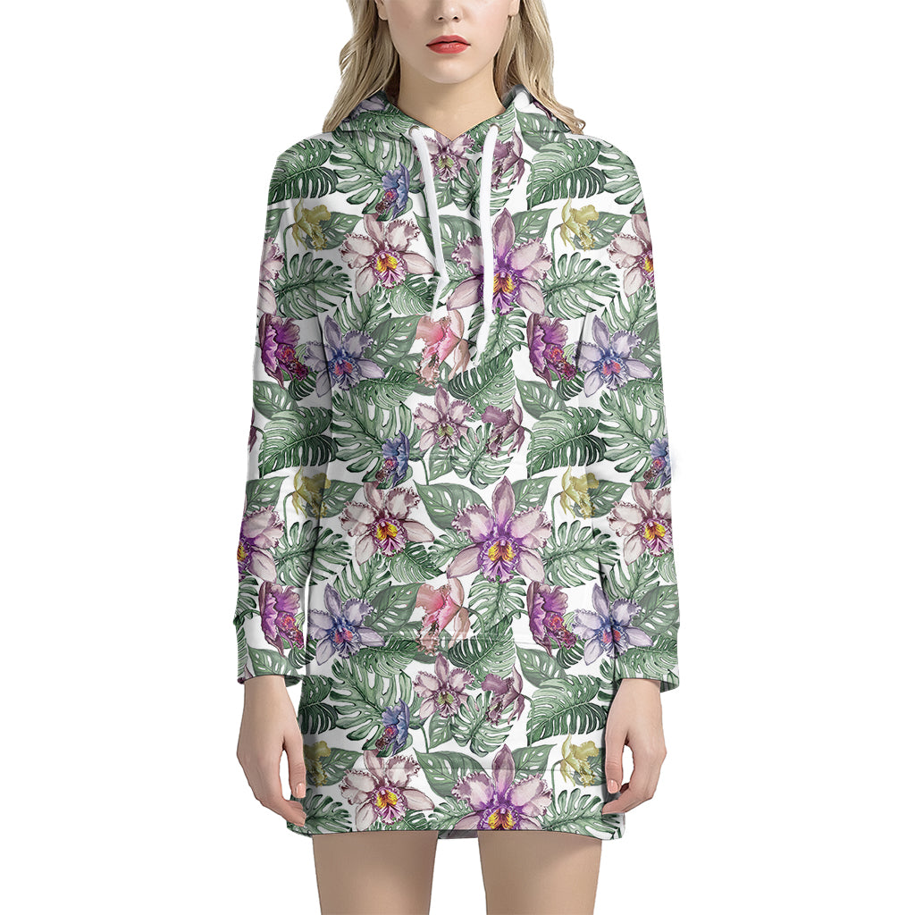 Tropical Cattleya Pattern Print Hoodie Dress