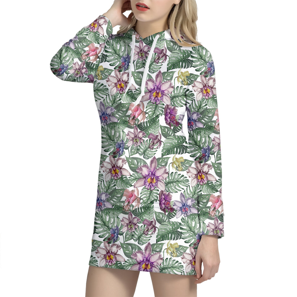 Tropical Cattleya Pattern Print Hoodie Dress