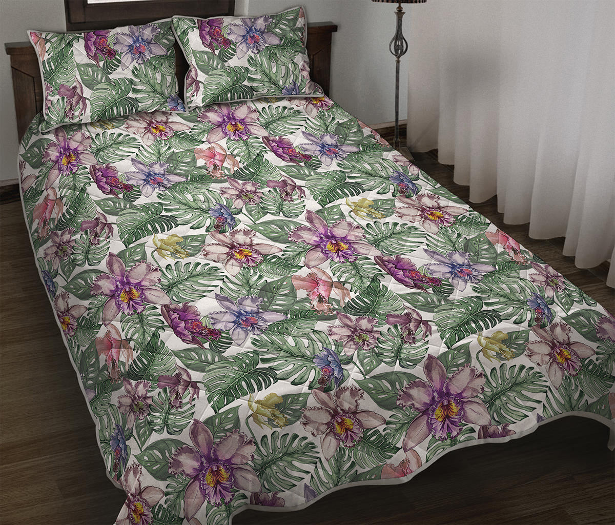 Tropical Cattleya Pattern Print Quilt Bed Set