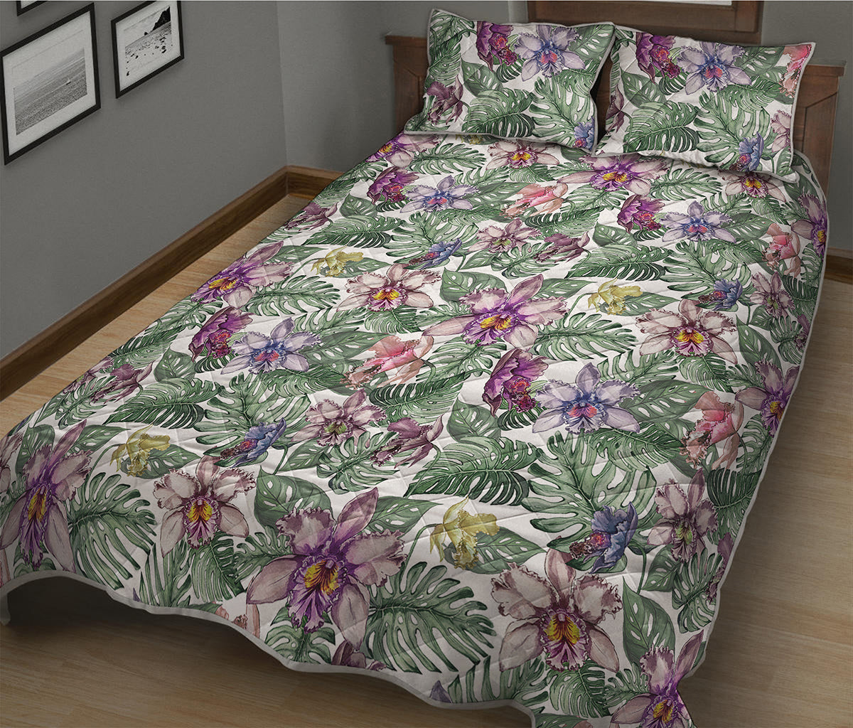Tropical Cattleya Pattern Print Quilt Bed Set