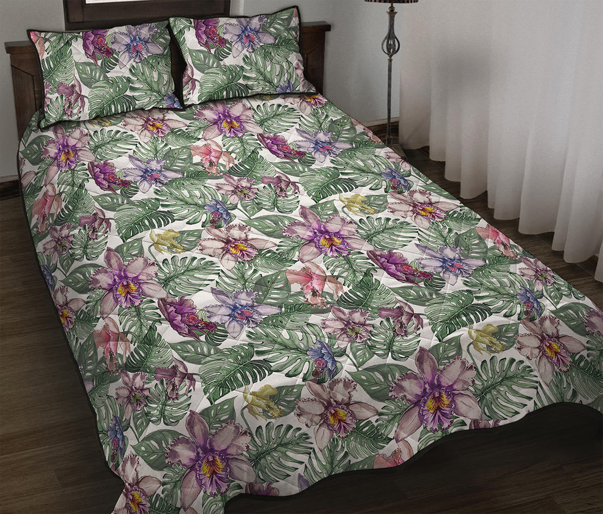 Tropical Cattleya Pattern Print Quilt Bed Set
