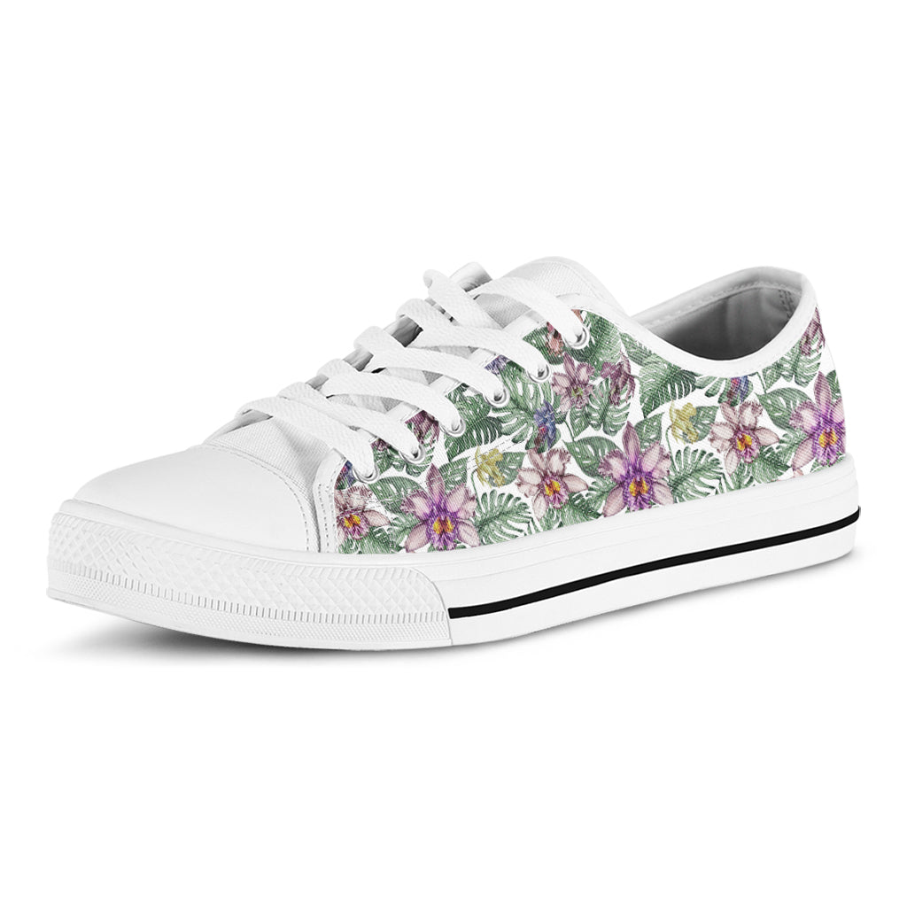 Tropical Cattleya Pattern Print White Low Top Shoes