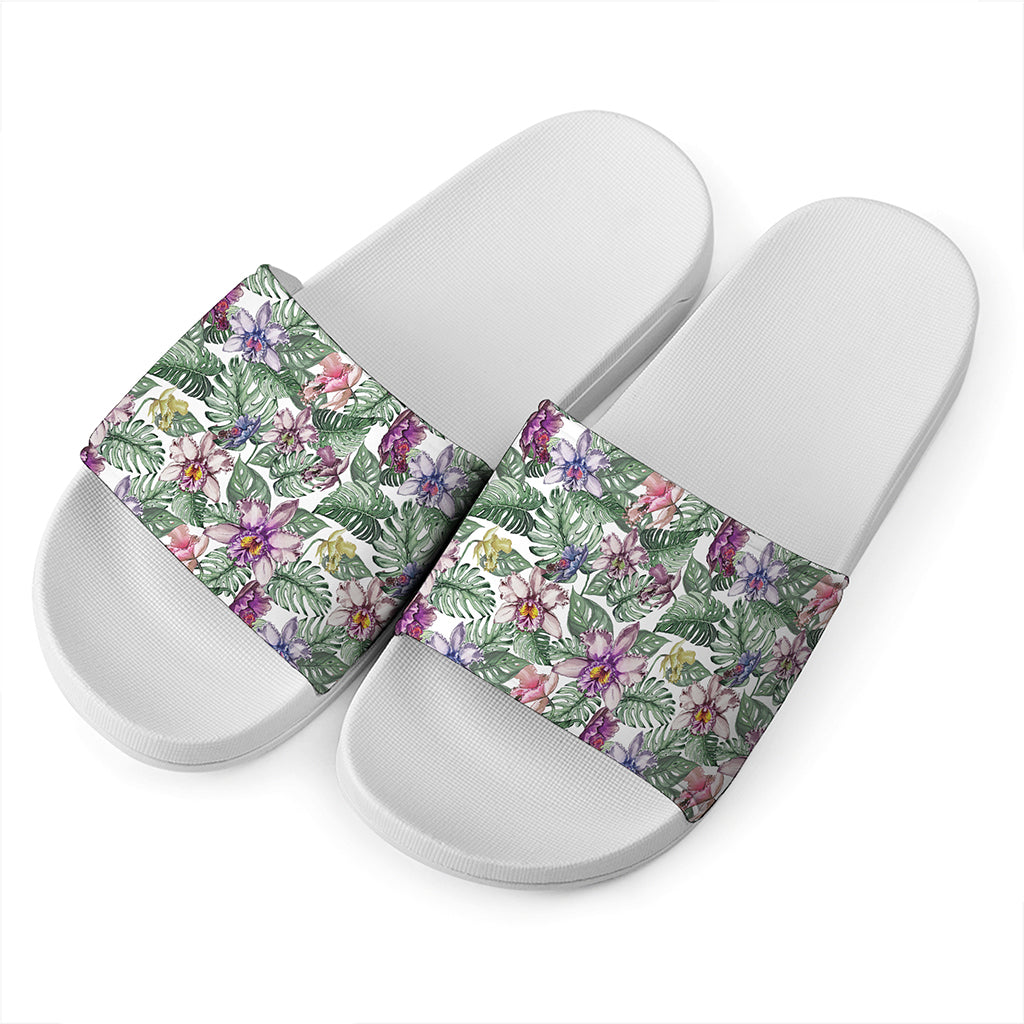 Tropical Cattleya Pattern Print White Slide Sandals