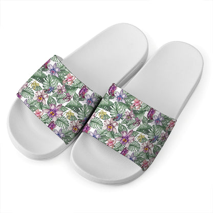 Tropical Cattleya Pattern Print White Slide Sandals