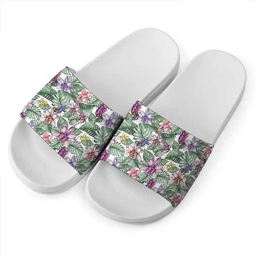 Tropical Cattleya Pattern Print White Slide Sandals