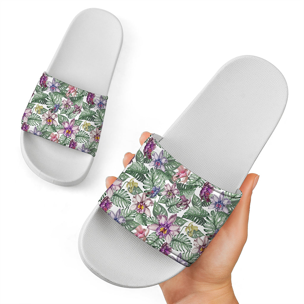 Tropical Cattleya Pattern Print White Slide Sandals