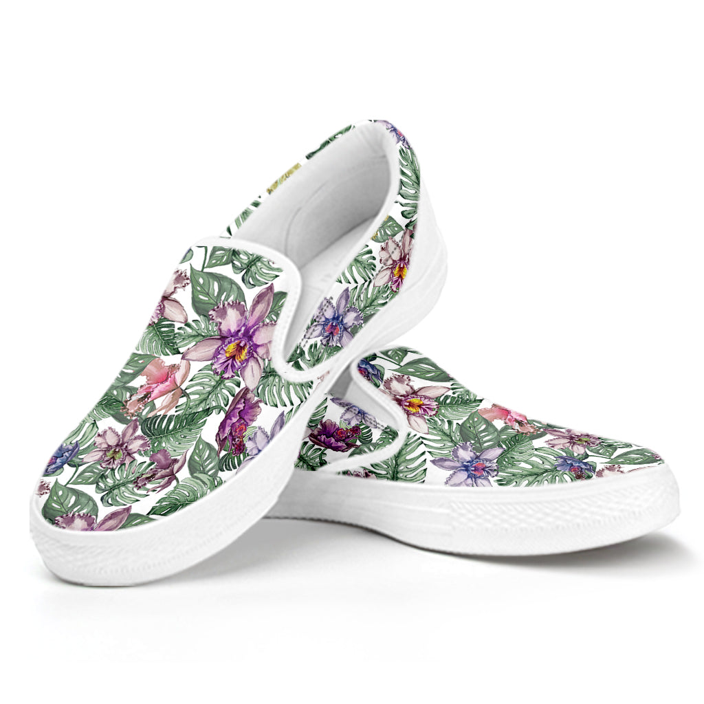 Tropical Cattleya Pattern Print White Slip On Shoes