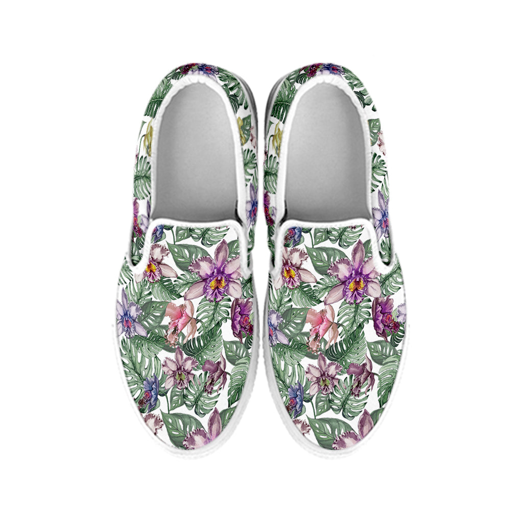 Tropical Cattleya Pattern Print White Slip On Shoes