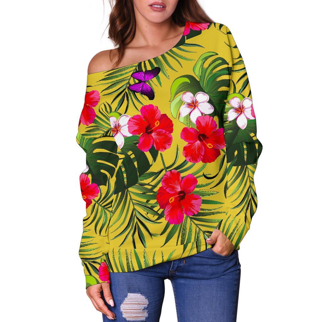 Tropical Exotic Hawaiian Pattern Print Off Shoulder Sweatshirt GearFrost