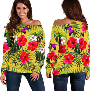 Tropical Exotic Hawaiian Pattern Print Off Shoulder Sweatshirt GearFrost