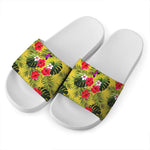 Tropical Exotic Hawaiian Pattern Print White Slide Sandals
