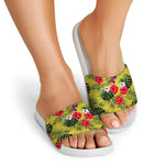 Tropical Exotic Hawaiian Pattern Print White Slide Sandals