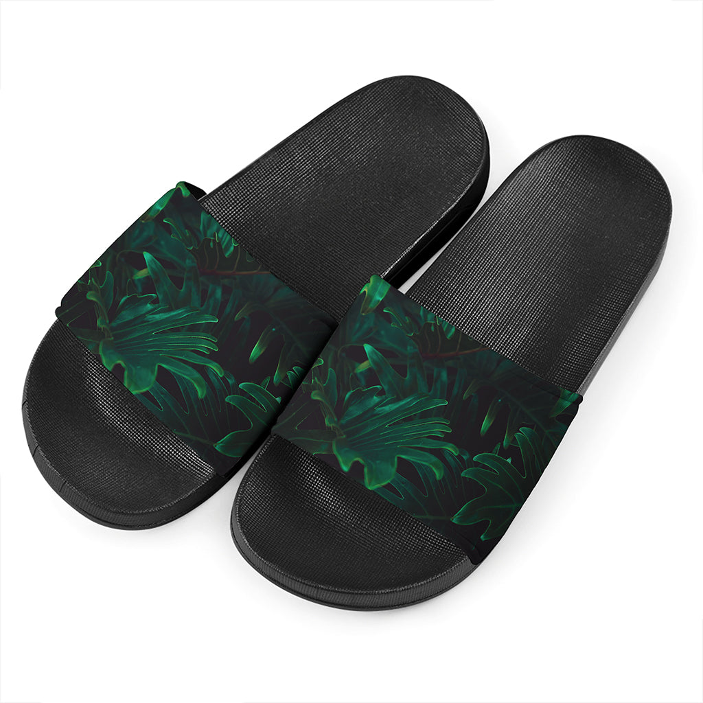 Tropical Fern Leaf Print Black Slide Sandals