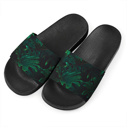 Tropical Fern Leaf Print Black Slide Sandals