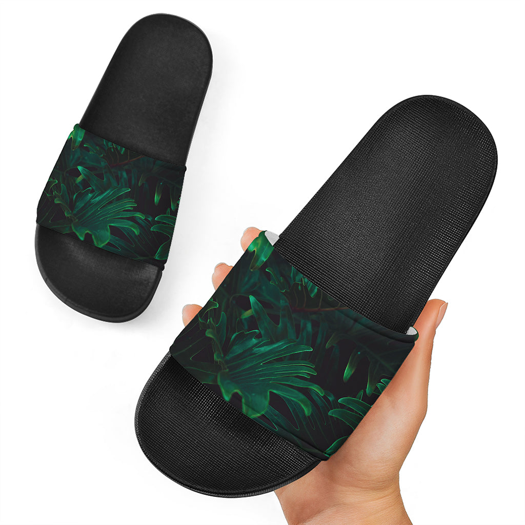 Tropical Fern Leaf Print Black Slide Sandals