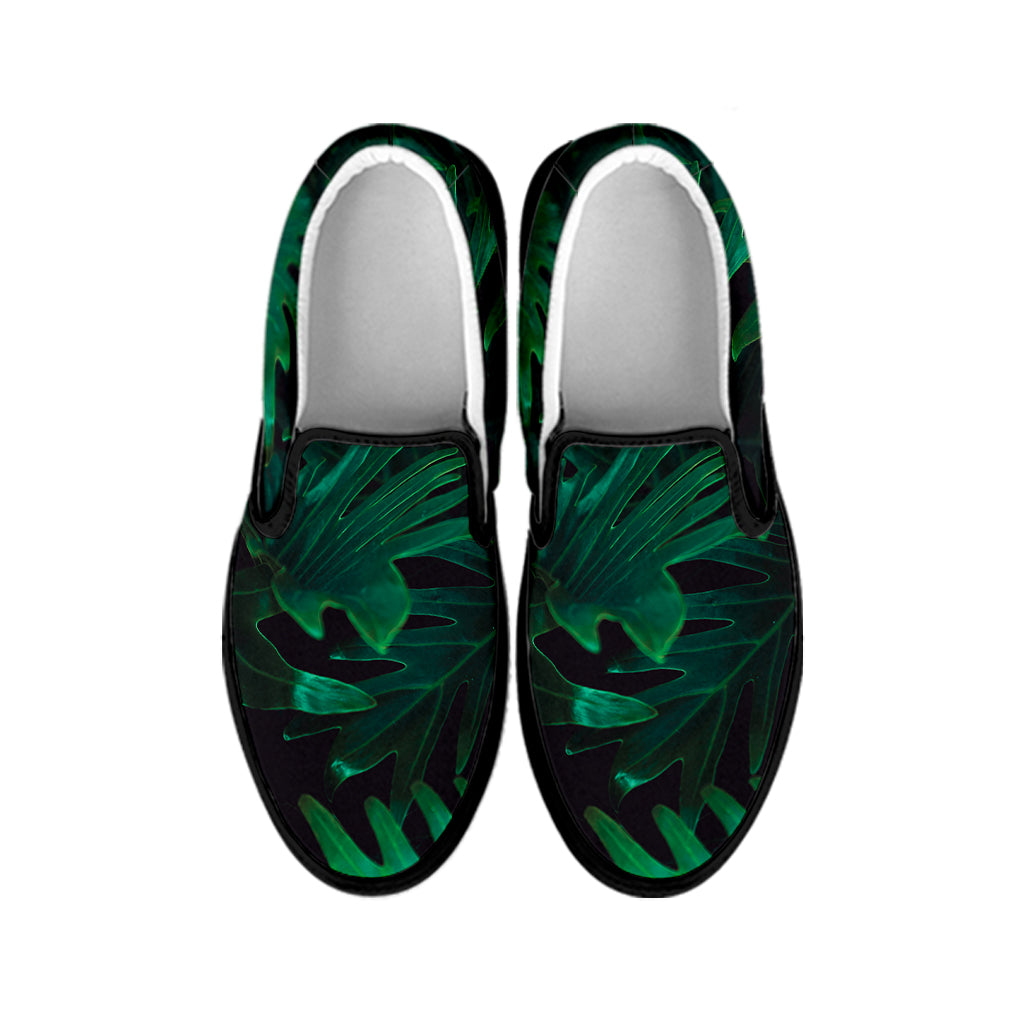 Tropical Fern Leaf Print Black Slip On Shoes