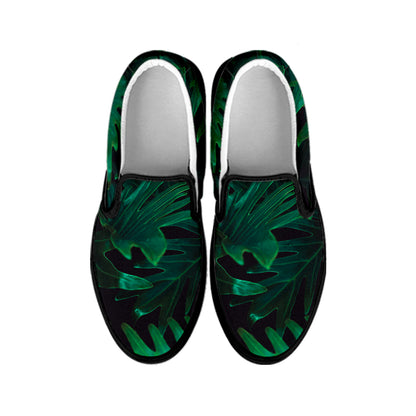 Tropical Fern Leaf Print Black Slip On Shoes