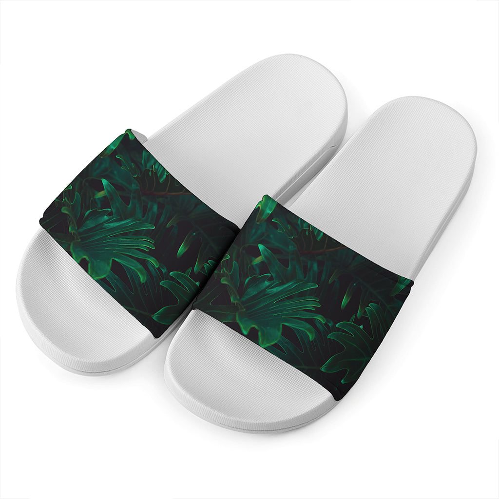 Tropical Fern Leaf Print White Slide Sandals