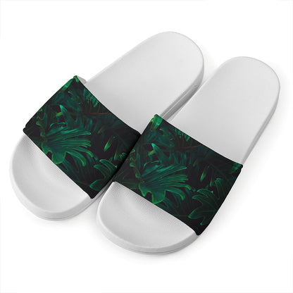 Tropical Fern Leaf Print White Slide Sandals