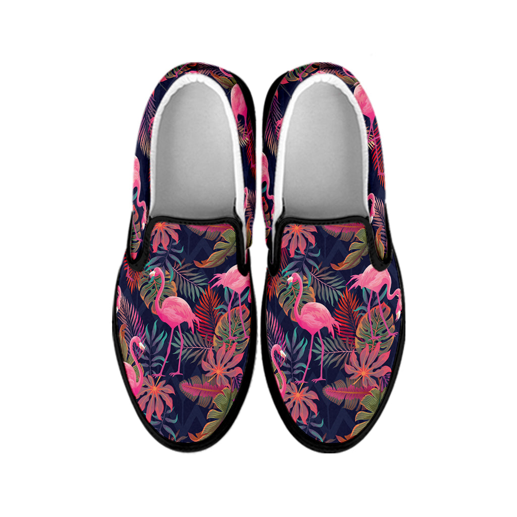 Tropical Flamingo Aloha Pattern Print Black Slip On Shoes