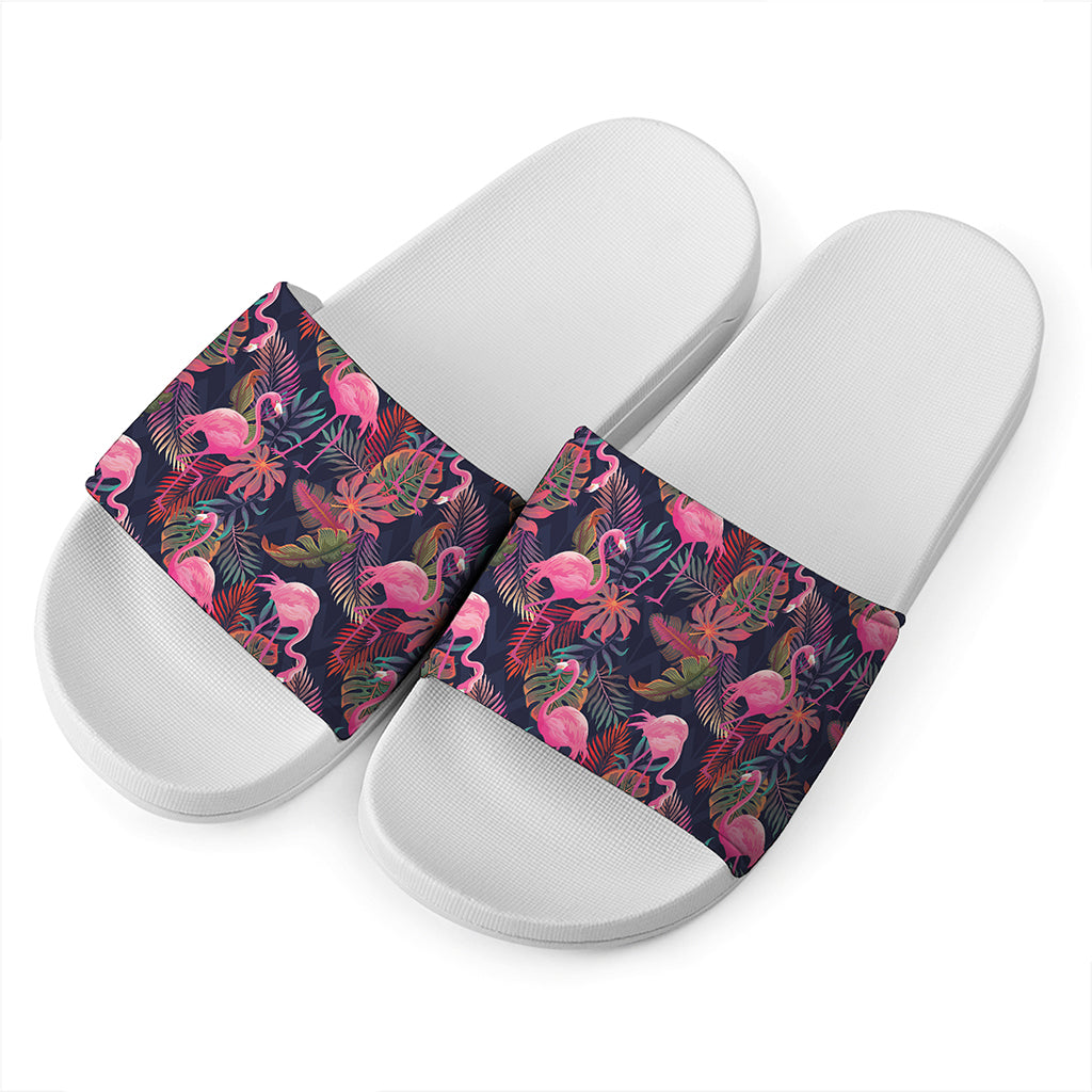 Tropical Flamingo Aloha Pattern Print White Slide Sandals