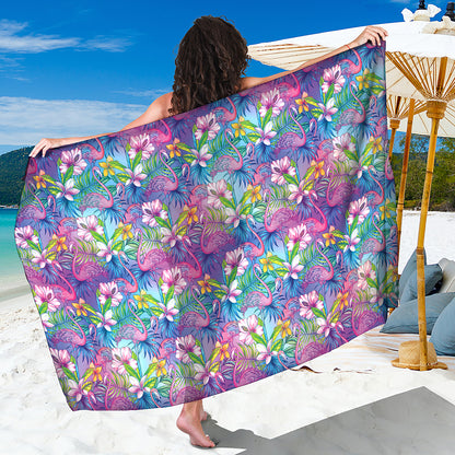 Tropical Flamingo And Hibiscus Print Beach Sarong Wrap