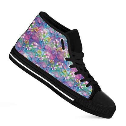 Tropical Flamingo And Hibiscus Print Black High Top Shoes