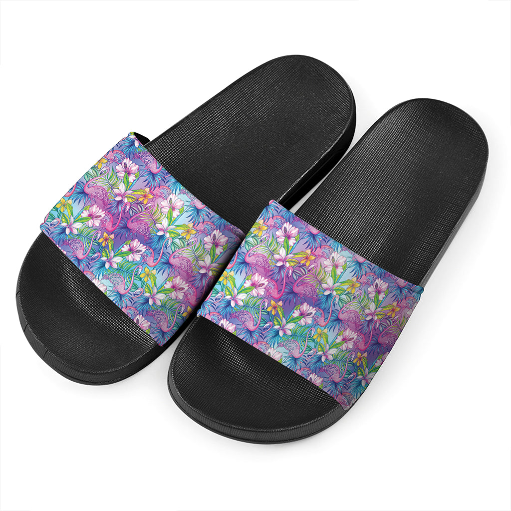 Tropical Flamingo And Hibiscus Print Black Slide Sandals