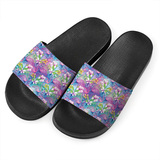 Tropical Flamingo And Hibiscus Print Black Slide Sandals
