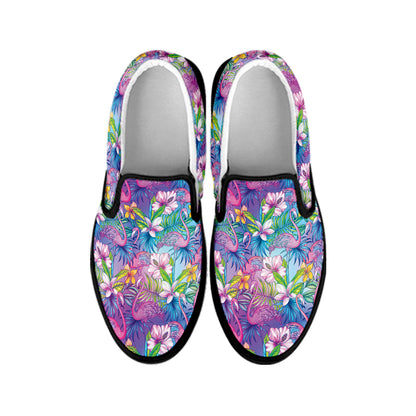 Tropical Flamingo And Hibiscus Print Black Slip On Shoes