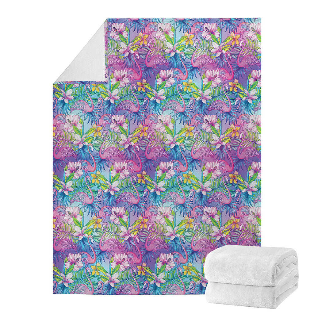 Tropical Flamingo And Hibiscus Print Blanket