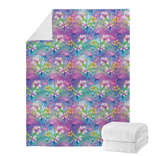 Tropical Flamingo And Hibiscus Print Blanket