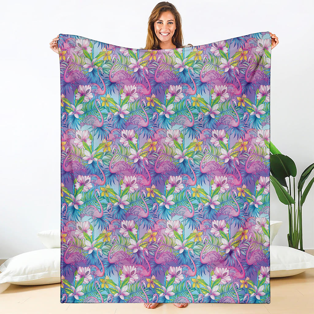 Tropical Flamingo And Hibiscus Print Blanket