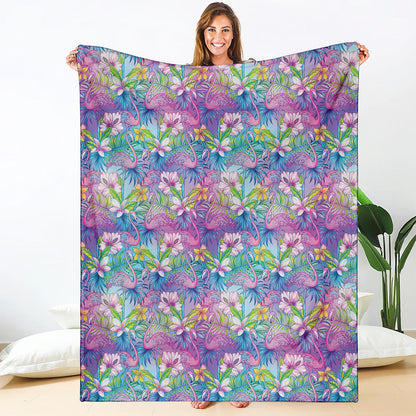Tropical Flamingo And Hibiscus Print Blanket