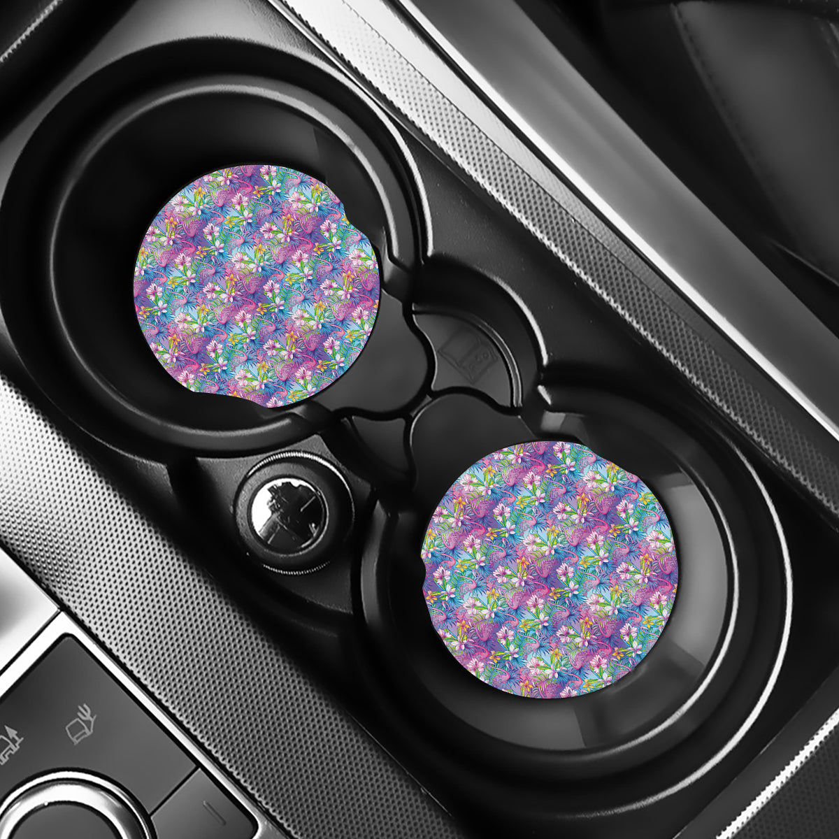 Tropical Flamingo And Hibiscus Print Car Coasters