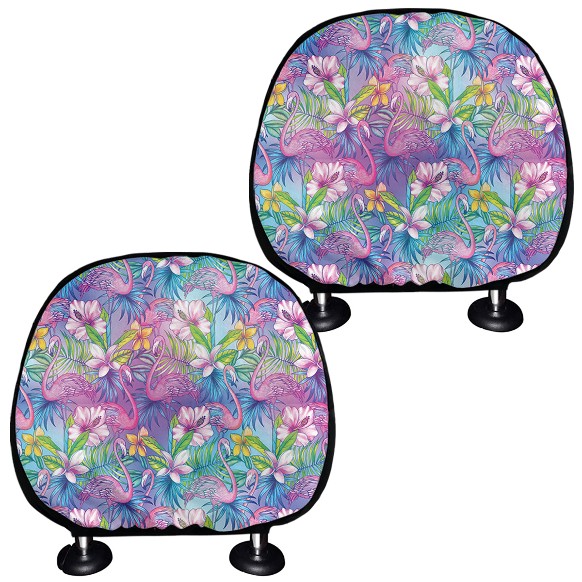 Tropical Flamingo And Hibiscus Print Car Headrest Covers
