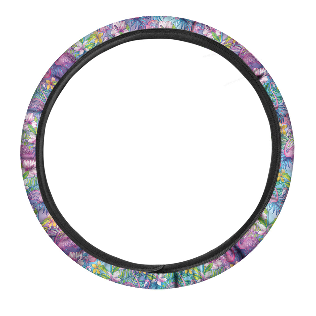 Tropical Flamingo And Hibiscus Print Car Steering Wheel Cover