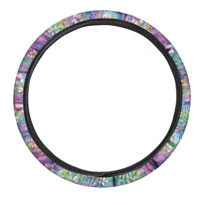 Tropical Flamingo And Hibiscus Print Car Steering Wheel Cover