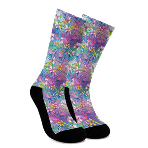 Tropical Flamingo And Hibiscus Print Crew Socks