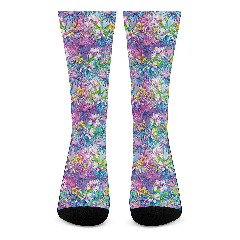 Tropical Flamingo And Hibiscus Print Crew Socks