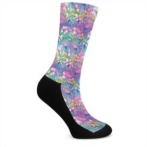 Tropical Flamingo And Hibiscus Print Crew Socks