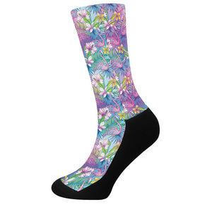 Tropical Flamingo And Hibiscus Print Crew Socks