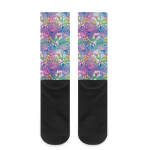 Tropical Flamingo And Hibiscus Print Crew Socks