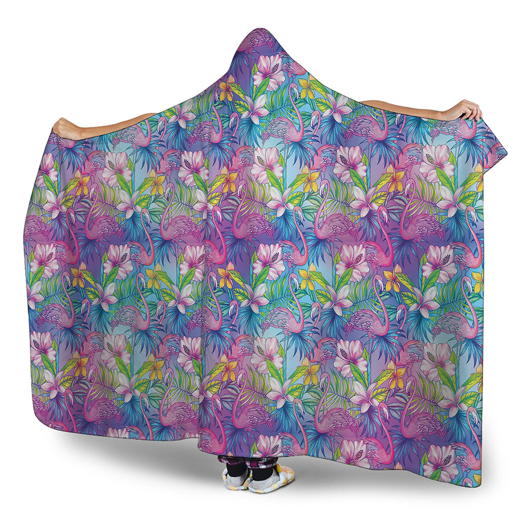 Tropical Flamingo And Hibiscus Print Hooded Blanket